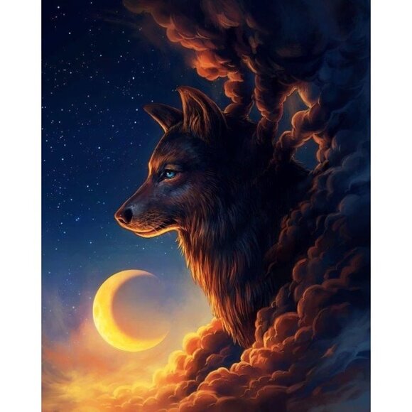New Wolf Night Guardian Plush Throw Blanket Gift Crescent Moon Clouds Surreal - Picture 1 of 4